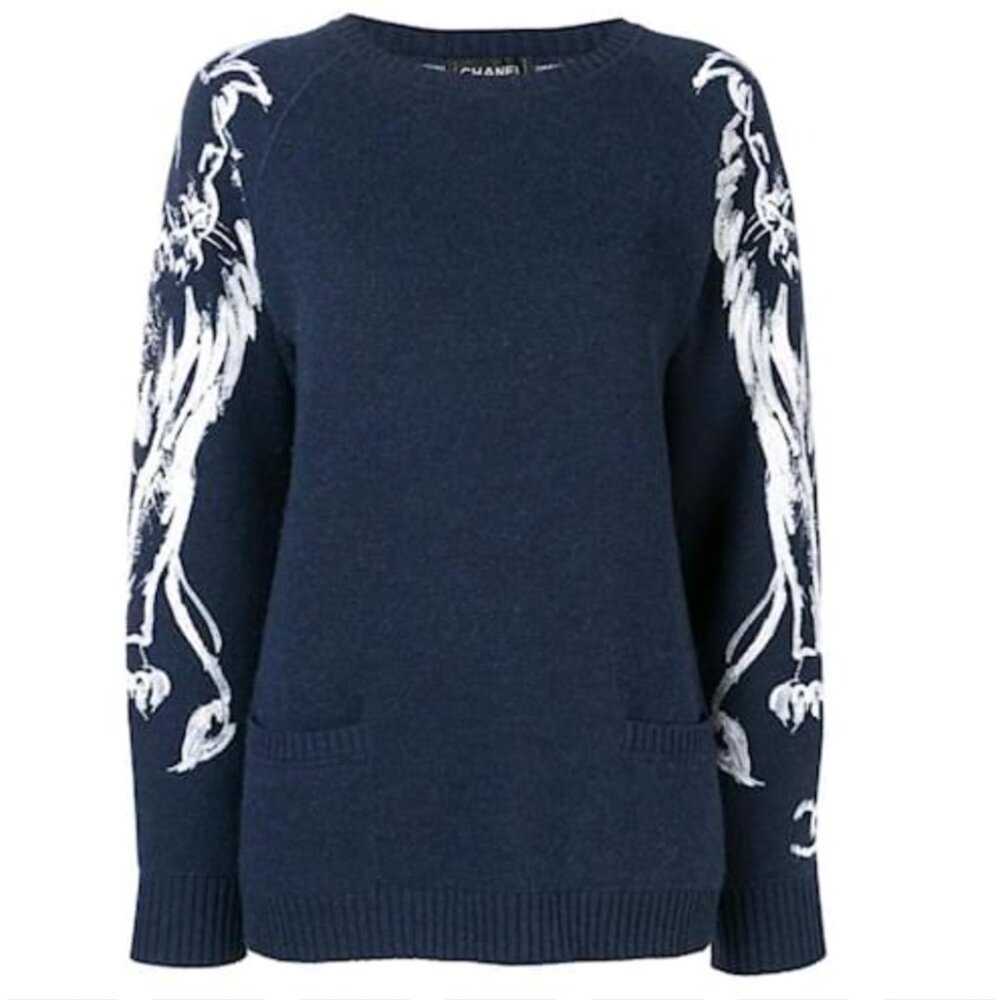 Chanel CC Logo & Lion Cashmere Sweater Navy Blue